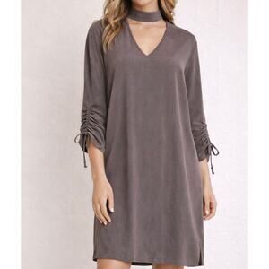 Everly Taupe Mock Neck Keyhole Dress Ruched Sleeves Size M